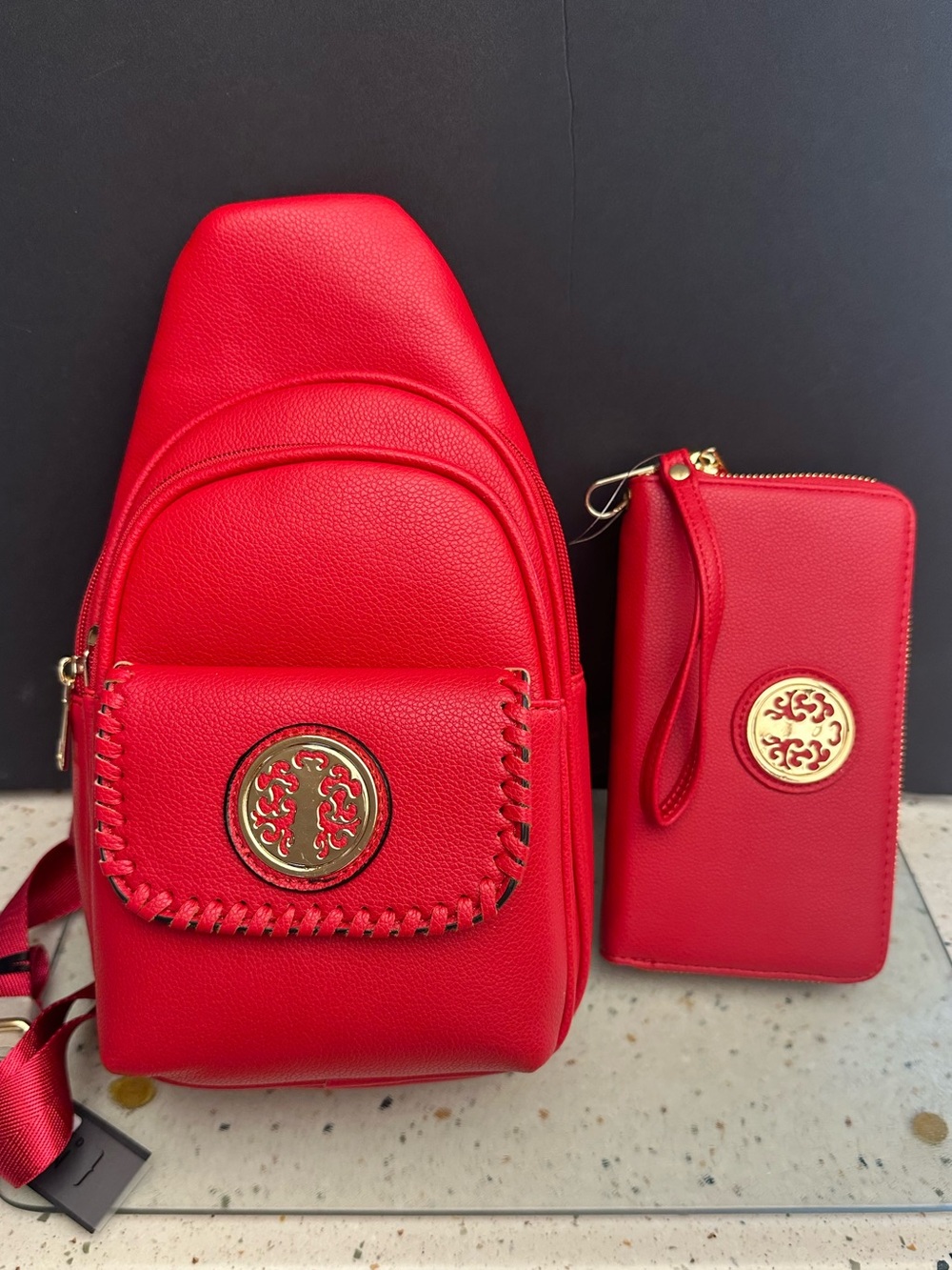 Red Women's Crossbody Sling Bag and Wristlet Set